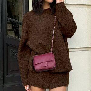 Chocolate Brown Casual Women's Knitted Sweater And Mini Skirt Set